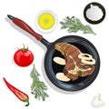 Variety of meat steaks on board with side products and herbs. Vector illustration