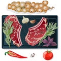 Variety of meat steaks on board with side products and herbs. Vector illustration