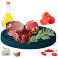 Variety of meat steaks on board with side products and herbs. Vector illustration