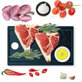 Variety of meat steaks on board with side products and herbs. Vector illustration