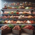 A variety of meats and sausages are displayed at a store counter, with vegetables and condiments on the shelves behind. Royalty Free Stock Photo