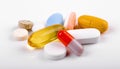 Variety of medical pills, capsules on white Royalty Free Stock Photo