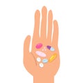 Variety of meds on person`s palm, cartoon illustration. Handful of pills and capsules on human hand