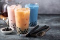 Variety of milk bubble tea in tall glasses