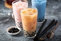 Variety of milk bubble tea in tall glasses