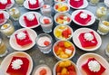 Variety mix of the dessert fruit salad, jelly, coffee panna cotta, strawberry yogurt Royalty Free Stock Photo