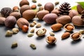 Variety of mixed shelled and shelled nuts on a light background with a green hazel twig. Playground AI platform Royalty Free Stock Photo