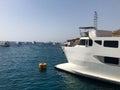 A variety of motor and sailing ships, boats, cruise liners stand on a dock in the port against the background of the blue sea and Royalty Free Stock Photo