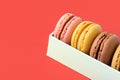 Variety of multicolored different flavors pink chocolate coffee yellow mocha macarons in white gift box on coral background