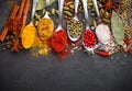 Variety of natural spices, seasonings and herbs in spoons