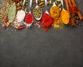 Variety of natural spices, seasonings and herbs in spoons