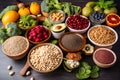 A variety of nutrient-packed plant-based foods, such as fresh fruits, leafy greens and whole grains