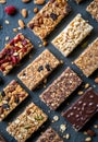 Variety of Nutritious Granola Bars on Dark Surface Royalty Free Stock Photo