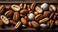 Mixed Nuts Variety Displayed on Rustic Wooden Tray from Above Royalty Free Stock Photo