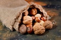 Variety of nuts in a burlap bag. Close-up, selective focus Royalty Free Stock Photo