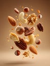 Assortment of assorted nuts including almonds cashews walnuts and pecans falling Royalty Free Stock Photo