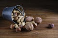 Variety nuts, peanuts, walnuts and hazelnuts wooden background Royalty Free Stock Photo