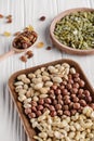 variety of nuts and raisins on white Royalty Free Stock Photo