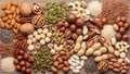 A variety of nuts and seeds displayed on a wooden surface. The assortment includes almonds, Royalty Free Stock Photo