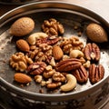 A variety of nuts are spread on a metal surface. Visible nuts include whole almonds, Royalty Free Stock Photo