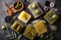 Variety of options handmade olive soaps with fresh olives and olive branch with leaves on wooden background top view. Spa, hygiene