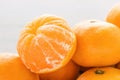 Variety of oranges in box at supermarket. Close-up of citrus, selective focus. Colors: orange, yellow. Organic diet Royalty Free Stock Photo