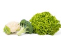 Variety of organic vegetables broccoli and cauliflower cabbage heads and lettuce isolated on white Royalty Free Stock Photo