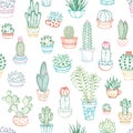 Vector seamless pattern of linear cacti and succulents.