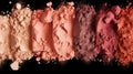 Variety pallet of broken makeup powder and blusher, on black background. Sample cosmetics concept. Generative AI