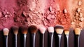 Variety pallet of broken makeup powder and blusher with soft brushes. Sample cosmetics concept. Generative AI