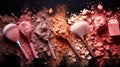 Variety pallet of broken makeup powder and blusher with soft brushes. Sample cosmetics concept. Generative AI