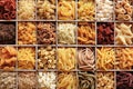 A variety of pasta made from different types of legumes, green and red lentils, mung beans and chickpeas. Gluten-free pasta. Pasta