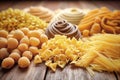 A variety of pasta made from different types of legumes, green and red lentils, mung beans and chickpeas. Gluten-free pasta. Pasta