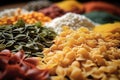 A variety of pasta made from different types of legumes, green and red lentils, mung beans and chickpeas. Gluten-free pasta. Pasta