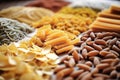 A variety of pasta made from different types of legumes, green and red lentils, mung beans and chickpeas. Gluten-free pasta. Pasta