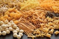 A variety of pasta made from different types of legumes, green and red lentils, mung beans and chickpeas. Gluten-free pasta. Pasta