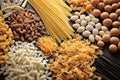 A variety of pasta made from different types of legumes, green and red lentils, mung beans and chickpeas. Gluten-free pasta. Pasta