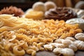 A variety of pasta made from different types of legumes, green and red lentils, mung beans and chickpeas. Gluten-free pasta. Pasta