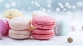 Variety Pastel color Closeup French macarons on blurred background and beads, icing Sweet and dessert, Colorful french desserts