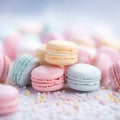 Variety Pastel color Closeup French macarons on blurred background and glittered star Sweet and dessert, Generative AI