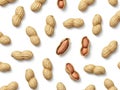 A variety of peanuts and peanut shells scattered on a white background Royalty Free Stock Photo