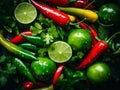 a variety of peppers lime and cilantro on a black background