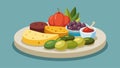 A variety of pickled vegetables olives and cheeses arranged on a rustic ceramic plate.. Vector illustration. Royalty Free Stock Photo