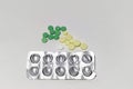 Variety of pills and an empty, opaque blister Royalty Free Stock Photo
