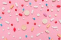 Variety of pills and tablets medicine flat lay top view Royalty Free Stock Photo