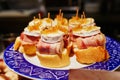 Variety of pinchos pintxos in bar of San Sebastian Donostia, Spain Royalty Free Stock Photo