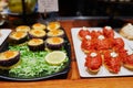 Variety of pinchos pintxos in bar of San Sebastian Donostia, Spain Royalty Free Stock Photo