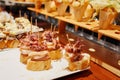 Variety of pinchos pintxos in bar of San Sebastian Donostia, Spain Royalty Free Stock Photo