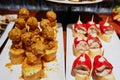 Variety of pinchos pintxos in a bar of San Sebastian, Spain Royalty Free Stock Photo