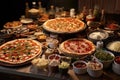 variety of pizza toppings spread out on a table